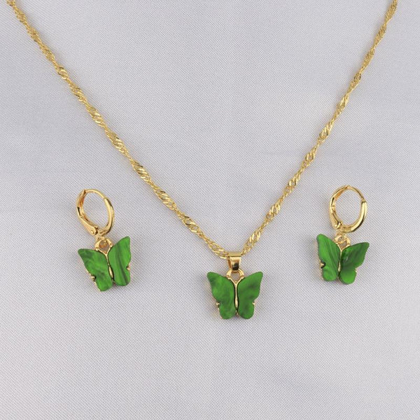 Green Butterfly Charm Necklace Set - 3 Pcs - Beautiful Green Design for Women